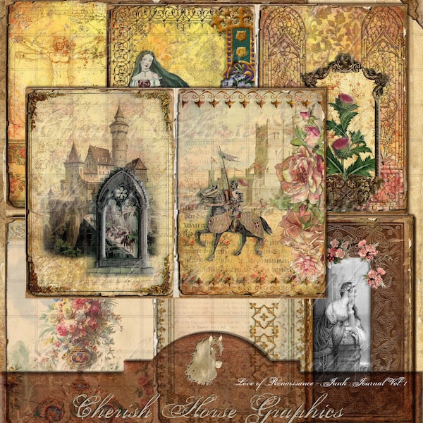 Love of Renaissance Junk Journal 5"x7" Kit - instant digital printable download - collage medieval castles knights crowns baroque tapestry