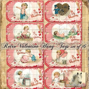 Valentine Retro Style Adorable Hang Tags - set van 16 - instant download afdrukbare digitale pagina&#39;s - vintage ephemera, valentijn, liefde