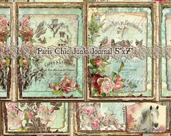 May include: A collage of vintage-style images for a junk journal. The images include a house, flowers, birds, and text in French. The title "Paris Chic Junk Journal 5"x7" is written in a decorative font.