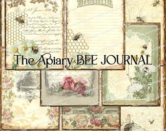 May include: A vintage collage of images featuring bees, flowers, and honeycombs. The text "The Apiary BEE JOURNAL" is prominently displayed in the center of the collage. The images are arranged in a grid pattern and have a rustic, antique aesthetic.