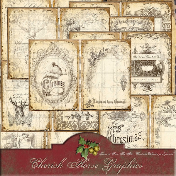 Christmas Ephemera Junk Journal Kit 5x7 - Treasures From the Attic - instant printable digital download - Old fashioned Christmas - winter