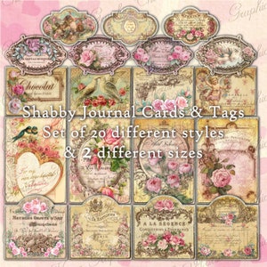 Shabby Printable Journal Cards & Tags Set of 20 - descarga instantánea imprimible digital - etiqueta de regalo, etiqueta, bolsillo, papelería