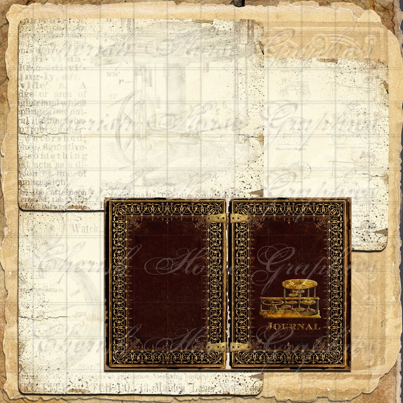 Peut inclure: Un journal vintage reli&eacute; en cuir marron avec des accents dor&eacute;s et une fermeture en laiton. La couverture pr&eacute;sente un motif d&eacute;coratif et le mot "JOURNAL" en lettres dor&eacute;es. Le journal est ouvert pour r&eacute;v&eacute;ler une page blanche.