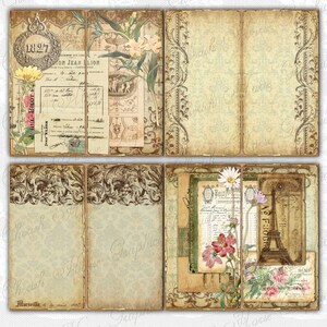 May include: A vintage scrapbook kit with four pages featuring a variety of images, including flowers, a Parisian scene, and a vintage label with the text "SON JEAN LION".