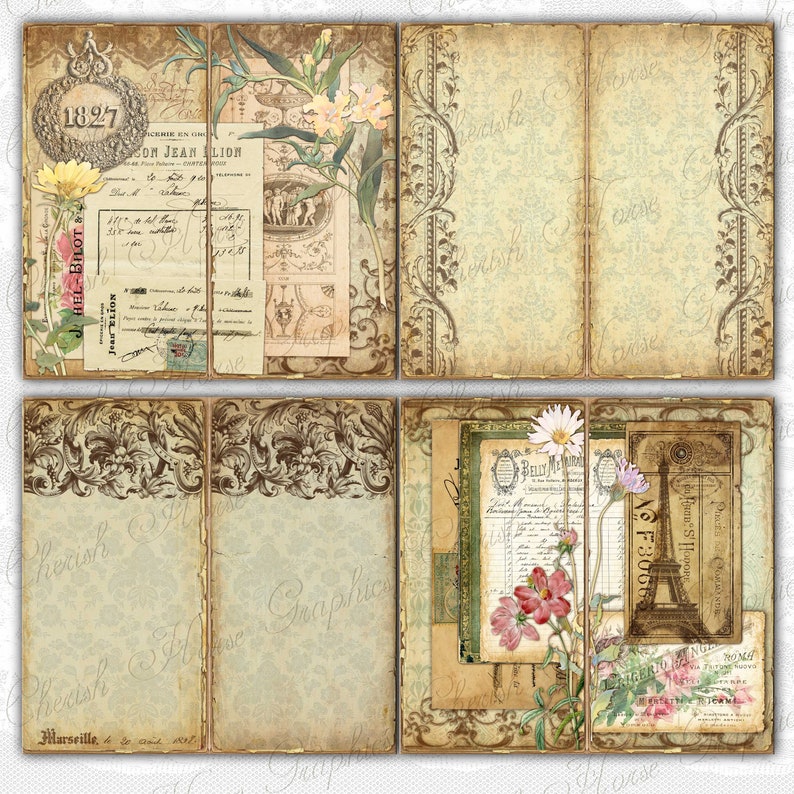 May include: A vintage scrapbook kit with four pages featuring a variety of images, including flowers, a Parisian scene, and a vintage label with the text "SON JEAN LION".