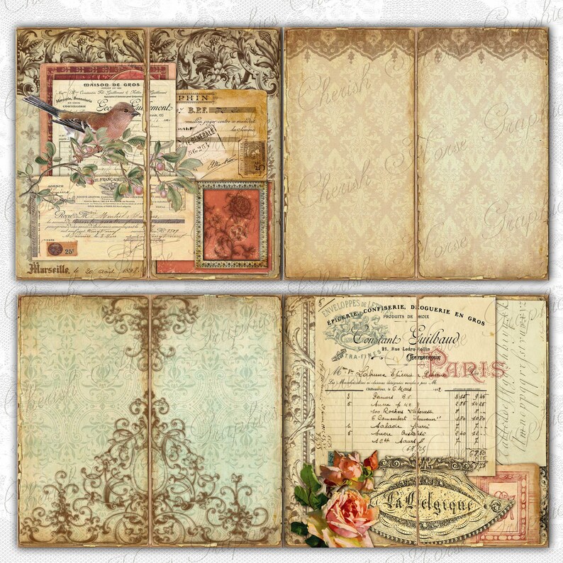 May include: A vintage scrapbook with four pages featuring a variety of images, including a bird, flowers, and old documents. The pages are decorated with a delicate floral pattern and have a distressed, aged look.