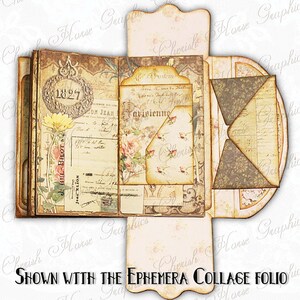 May include: A vintage-style ephemera collage folio with a brown paper cover and a decorative floral design. The folio has several pockets and compartments for storing ephemera, such as photos, letters, and postcards. The folio is shown with a variety of ephemera, including a vintage postcard with the text "Parisienne" and a vintage envelope with the text "Hel-Bilot".