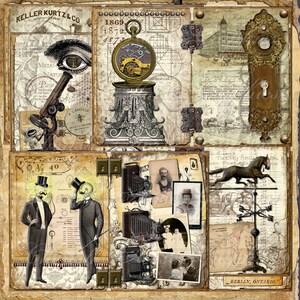 Peut inclure: Un collage vintage avec une montre de poche, un microscope, une poign&eacute;e de porte, un cheval et une boussole. Le collage est sur fond de vieux papiers et de cartes. Le texte "KELLER KURTZ & CO" et "BERLIN, ONTARIO" sont visibles sur l'image.