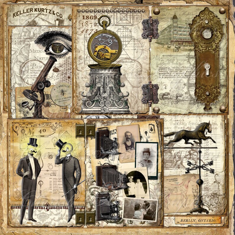 Peut inclure: Un collage vintage avec une montre de poche, un microscope, une poign&eacute;e de porte, un cheval et une boussole. Le collage est sur fond de vieux papiers et de cartes. Le texte "KELLER KURTZ & CO" et "BERLIN, ONTARIO" sont visibles sur l'image.