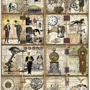 Peut inclure: Un collage d'images vintage sur le th&egrave;me steampunk. Les images comprennent un cr&acirc;ne avec des lunettes, un ballon &agrave; air chaud, une horloge, un microscope, une boussole, un globe terrestre, un trou de serrure et un homme en haut-de-forme. Les images sont dispos&eacute;es en grille sur un fond brun.