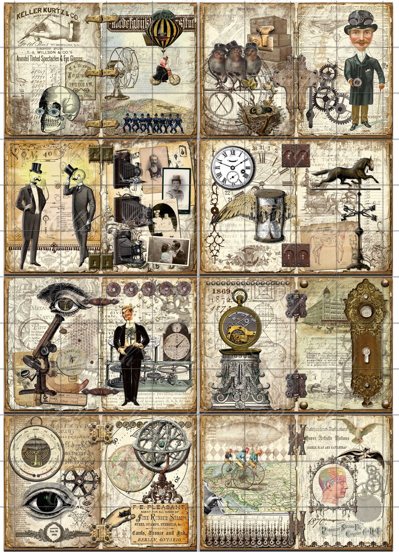 Peut inclure: Un collage d'images vintage sur le th&egrave;me steampunk. Les images comprennent un cr&acirc;ne avec des lunettes, un ballon &agrave; air chaud, une horloge, un microscope, une boussole, un globe terrestre, un trou de serrure et un homme en haut-de-forme. Les images sont dispos&eacute;es en grille sur un fond brun.