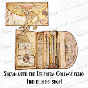 May include: A vintage-style ephemera collage folio with a decorative envelope and multiple pockets. The folio is decorated with floral patterns and has a distressed, aged look. The text "Shown with the Ephemera Collage Folio Find it in my shop!" is printed on the bottom of the image.