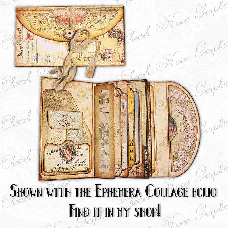 May include: A vintage-style ephemera collage folio with a decorative envelope and multiple pockets. The folio is decorated with floral patterns and has a distressed, aged look. The text "Shown with the Ephemera Collage Folio Find it in my shop!" is printed on the bottom of the image.