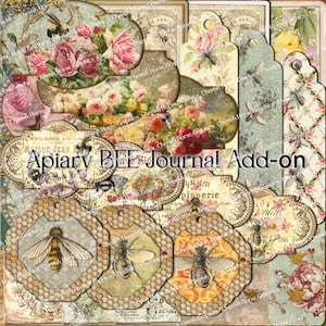 May include: A digital collage sheet with a bee theme. The sheet features images of bees, honeycombs, flowers, and vintage labels with text in French. The text on the sheet includes "Apiary BEE Journal Add-on", "Epicerie en Gr", "Maison Jean", "LRNM pisserie", and "Hontare 1766".