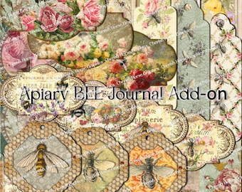 May include: A digital collage sheet with a bee theme. The sheet features images of bees, honeycombs, flowers, and vintage labels with text in French. The text on the sheet includes "Apiary BEE Journal Add-on", "Epicerie en Gr", "Maison Jean", "LRNM pisserie", and "Hontare 1766".