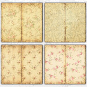 May include: Four vintage-style paper pages with a floral pattern. The pages are slightly yellowed and have a distressed look. The floral pattern is a delicate pink and green rose design. The pages are perfect for scrapbooking, journaling, or other craft projects.