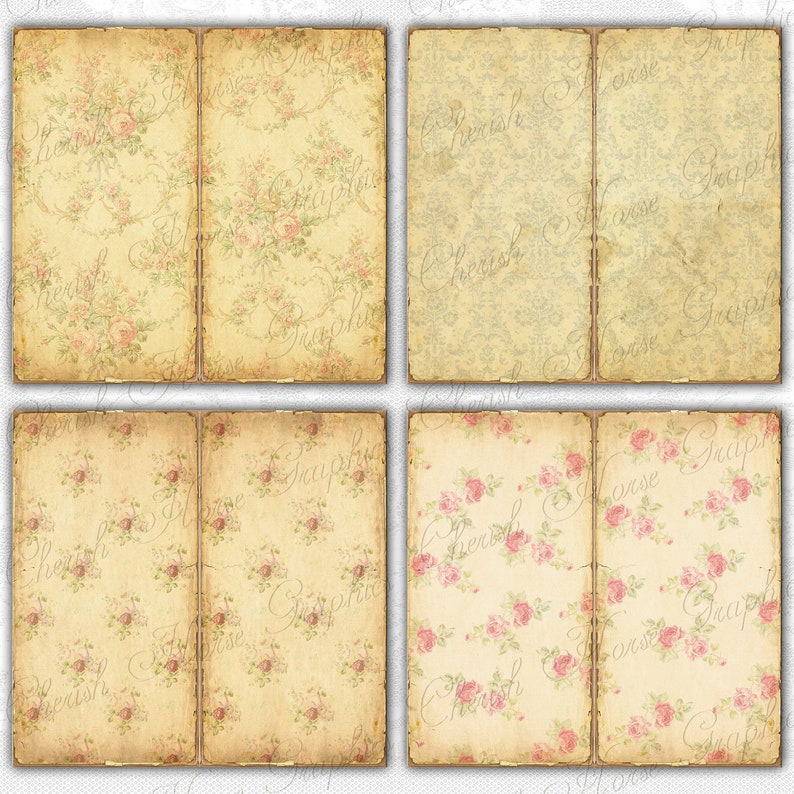 May include: Four vintage-style paper pages with a floral pattern. The pages are slightly yellowed and have a distressed look. The floral pattern is a delicate pink and green rose design. The pages are perfect for scrapbooking, journaling, or other craft projects.