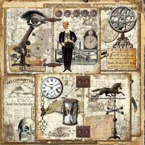 Peut inclure: Un collage vintage mettant en sc&egrave;ne divers objets anciens, dont un microscope, une horloge, un sablier, une boussole et une cal&egrave;che tir&eacute;e par des chevaux. Le collage est r&eacute;alis&eacute; sur un fond de vieux papiers et de parchemin, ce qui lui conf&egrave;re un aspect rustique et antique.