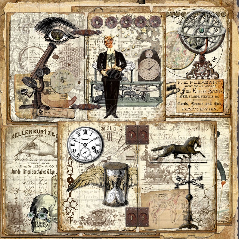 Peut inclure: Un collage vintage mettant en sc&egrave;ne divers objets anciens, dont un microscope, une horloge, un sablier, une boussole et une cal&egrave;che tir&eacute;e par des chevaux. Le collage est r&eacute;alis&eacute; sur un fond de vieux papiers et de parchemin, ce qui lui conf&egrave;re un aspect rustique et antique.