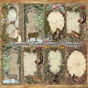 Peut inclure: Un ensemble de six papiers numériques imprimables pour scrapbooking sur le thème de la forêt hivernale avec des animaux, de la neige et de la verdure. Le papier est décoré de cadres ornés et du texte "Christmas Forest Travel Notebook".