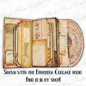 May include: A vintage-style ephemera collage folio with multiple pockets and tabs. The folio is made of paper and has a distressed look. It features a variety of decorative elements, including floral patterns, handwritten text, and a ruler. The folio is open to reveal its interior, which is filled with pockets and tabs for storing ephemera.