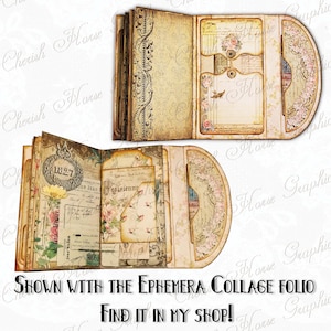 May include: A vintage-style ephemera collage folio with a brown leather cover and a decorative metal clasp. The folio is open to reveal a variety of ephemera, including vintage postcards, photographs, and paper scraps. The folio is shown with the text "Shown with the Ephemera Collage Folio Find it in my shop!"