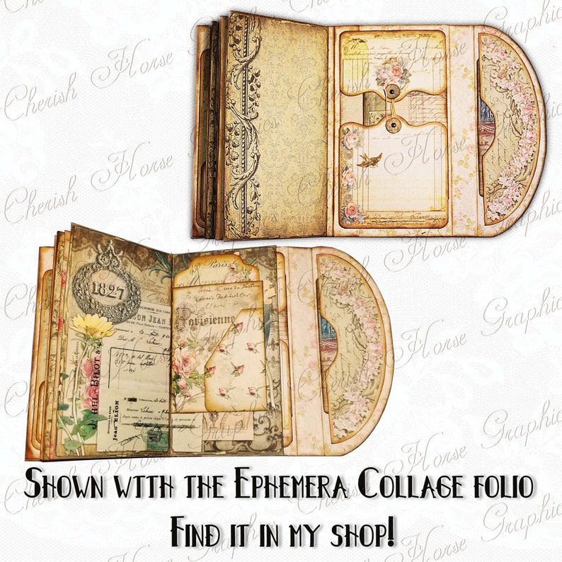 May include: A vintage-style ephemera collage folio with a brown leather cover and a decorative metal clasp. The folio is open to reveal a variety of ephemera, including vintage postcards, photographs, and paper scraps. The folio is shown with the text "Shown with the Ephemera Collage Folio Find it in my shop!"