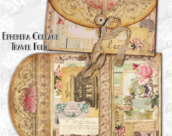 Ephemera Collage Travel Notebook Folio Kit 4.75" x 8.5" - instant download printable folio