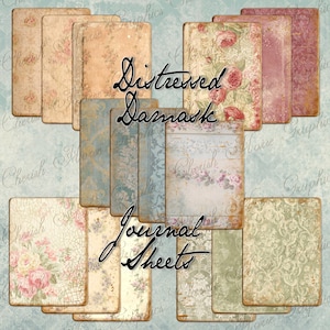 Distressed Damask Journal Sheets 2 Größen - sofort download druckbare digitale Collage Seiten - Decoupage, zerrissenes Papier, Junk Journal Einlage