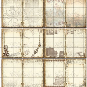 Peut inclure: Un ensemble de 10 papiers num&eacute;riques de style vintage avec un aspect vieilli et d&eacute;t&eacute;rior&eacute;. Les papiers pr&eacute;sentent divers motifs, notamment une horloge, une pieuvre, une machine &agrave; &eacute;crire et un v&eacute;lo. Les papiers sont parfaits pour le scrapbooking, la fabrication de cartes et autres travaux manuels en papier.