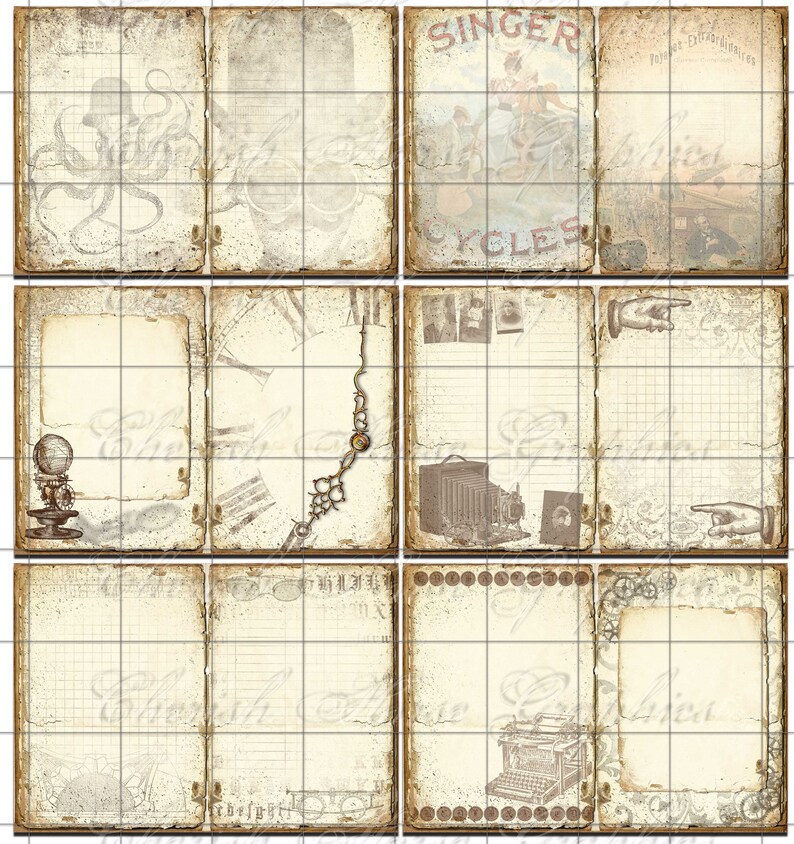 Peut inclure: Un ensemble de 10 papiers num&eacute;riques de style vintage avec un aspect vieilli et d&eacute;t&eacute;rior&eacute;. Les papiers pr&eacute;sentent divers motifs, notamment une horloge, une pieuvre, une machine &agrave; &eacute;crire et un v&eacute;lo. Les papiers sont parfaits pour le scrapbooking, la fabrication de cartes et autres travaux manuels en papier.