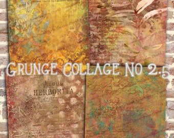May include: A digital collage of four images with a grunge aesthetic. The images feature a brick wall, a vintage book page with text, a botanical illustration, and a page from a vintage herbarium book. The images are layered and distressed, creating a textured and aged look.
