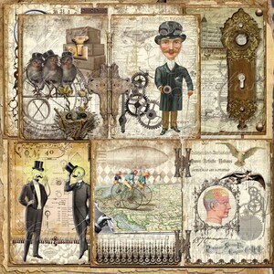 Peut inclure: Un collage d'images vintage sur le th&egrave;me steampunk. Le collage comprend des images d'engrenages, d'oiseaux, d'hommes en chapeau, d'une poign&eacute;e de porte et d'une carte. Le texte "Independent Barbarians", "Muret Artistic Notions", "JATELE BLAD AND BATTLETRAP", et "1870" est visible dans le collage.