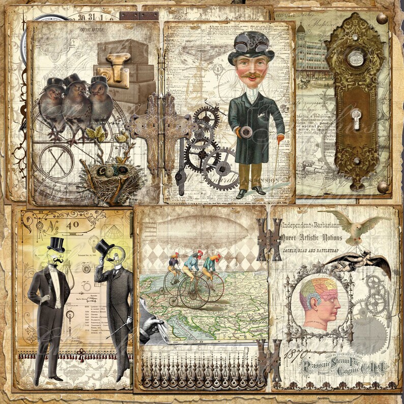 Peut inclure: Un collage d'images vintage sur le th&egrave;me steampunk. Le collage comprend des images d'engrenages, d'oiseaux, d'hommes en chapeau, d'une poign&eacute;e de porte et d'une carte. Le texte "Independent Barbarians", "Muret Artistic Notions", "JATELE BLAD AND BATTLETRAP", et "1870" est visible dans le collage.