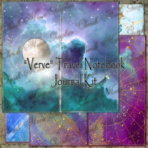 May include: A digital collage of four images with a galaxy theme. The images are in shades of blue, purple, and gold. The text "Verve" Travel Notebook Journal Kit" is in the center of the collage.