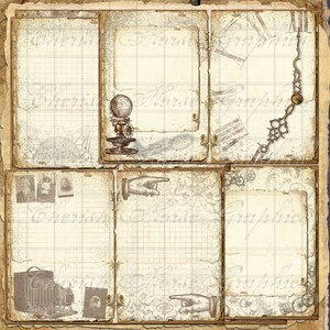Peut inclure: Papier de scrapbooking de style vintage avec un motif quadrill&eacute; et un aspect vieilli. Le papier pr&eacute;sente des images d'un globe terrestre, d'une horloge, d'un appareil photo et d'une main pointant. Le papier est parfait pour le scrapbooking, la fabrication de cartes et autres travaux manuels en papier.