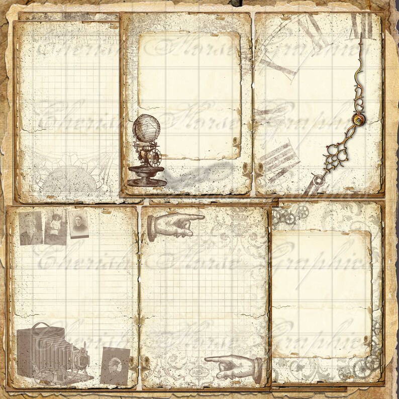 Peut inclure: Papier de scrapbooking de style vintage avec un motif quadrill&eacute; et un aspect vieilli. Le papier pr&eacute;sente des images d'un globe terrestre, d'une horloge, d'un appareil photo et d'une main pointant. Le papier est parfait pour le scrapbooking, la fabrication de cartes et autres travaux manuels en papier.