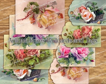 Antique Roses Postcards & Hang Tags - Printable Collage (Digital Download)
