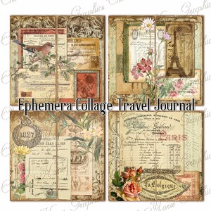 May include: A collage of vintage ephemera with a travel theme. The collage includes images of a bird, flowers, a Parisian street scene, and a handwritten document with the text "Constant Guilbaud Paris".