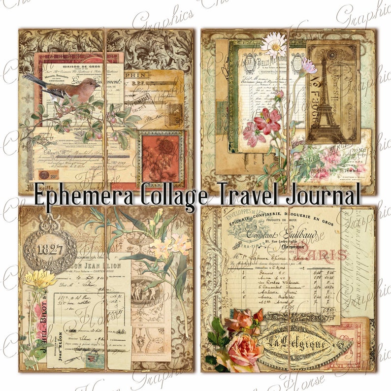 May include: A collage of vintage ephemera with a travel theme. The collage includes images of a bird, flowers, a Parisian street scene, and a handwritten document with the text "Constant Guilbaud Paris".