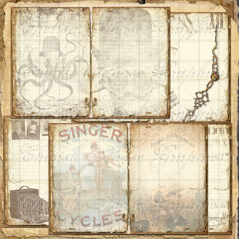 Peut inclure: Un collage de style vintage avec diff&eacute;rentes images, dont un poulpe, une horloge, un v&eacute;lo et un texte superpos&eacute; qui dit "Singer Cycles". Les images sont dispos&eacute;es en grille sur un fond textur&eacute;.