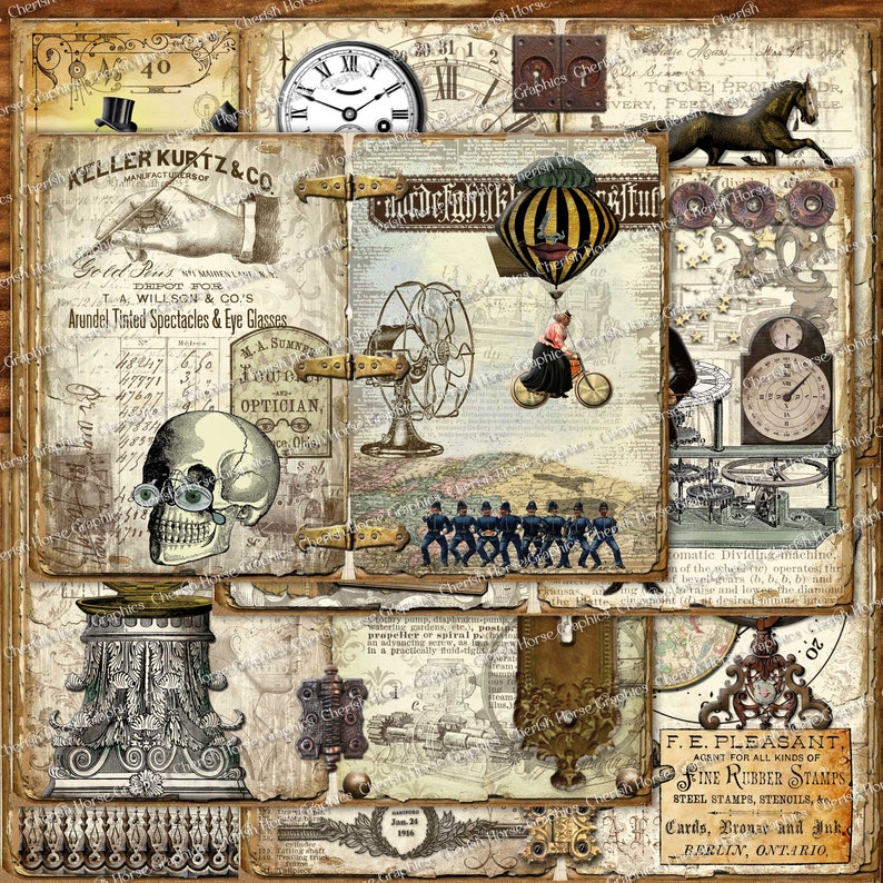 Peut inclure: Un collage vintage compos&eacute; d'images diverses, notamment une horloge, un cr&acirc;ne portant des lunettes, un ballon &agrave; air chaud, un groupe de soldats en marche et un appareil m&eacute;canique. Le collage est sur fond de vieux papiers et de tissus, ce qui lui donne un aspect steampunk.