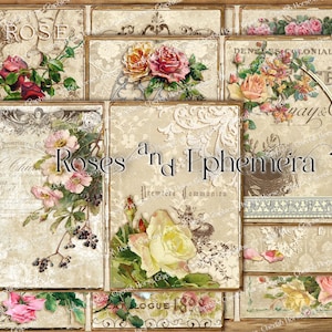 Roses & Ephemera Junk Journal 5"x7" Kit - download stampabile digitale istantaneo - collage barocco effimeri francesi