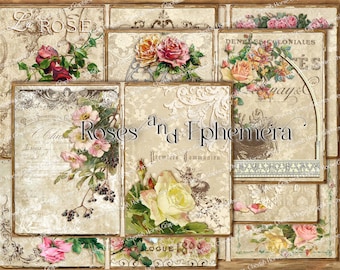 May include: A collage of vintage-style images featuring roses and ephemera. The images are arranged in a grid pattern and include text such as "Le Rose" and "Roses and Ephemera".
