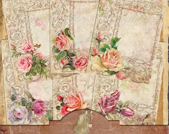 Pode incluir: Seis cartões imprimíveis de estilo vintage com molduras douradas ornamentadas e designs florais. Cada cartão apresenta um arranjo diferente de rosas cor-de-rosa e brancas com folhas verdes. Os cartões são perfeitos para scrapbooking, criação de cartões ou outros projetos de artesanato.
