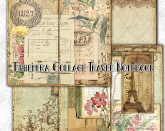 Pagine di diario con collage di effimeri d'epoca – Quaderno di viaggio stampabile (download digitale)