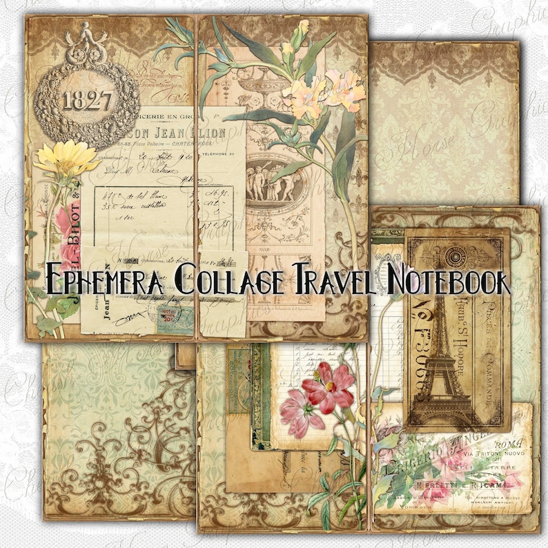 May include: A vintage travel journal with a collage of ephemera, including a floral design, a handwritten note, and a stamp. The journal has a brown leather cover with gold accents and the text "Ephemera Collage Travel Notebook" printed on the front.