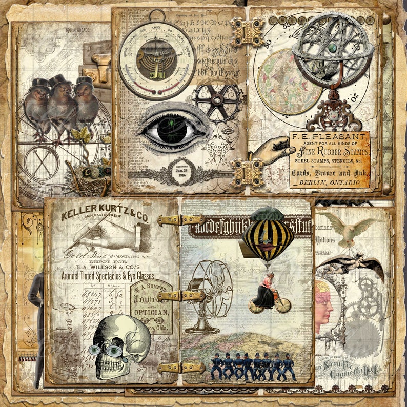 Peut inclure: Un collage vintage compos&eacute; d'une vari&eacute;t&eacute; d'images, notamment une boussole, une horloge, un cr&acirc;ne avec des lunettes, un ballon &agrave; air chaud et un ventilateur. Le collage est compos&eacute; de diff&eacute;rentes textures et couleurs, notamment le brun, l'or et le blanc.