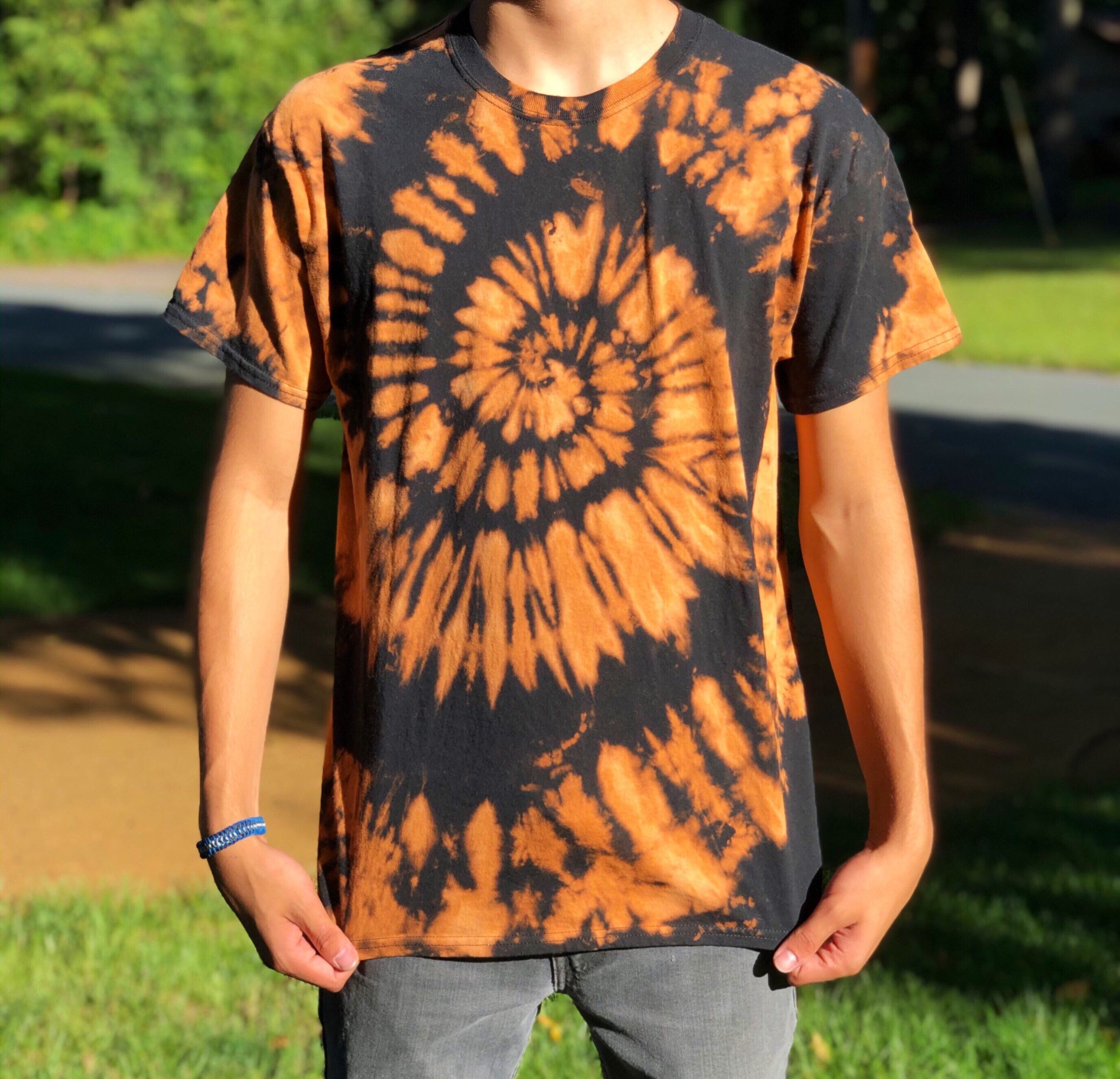 orange-and-black-tie-dye-tshirt-orange-spiral-bleach-dyed-tee-etsy