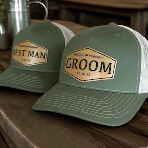Benutzerdefinierte Hochzeitshüte | Bräutigam Hut | Junggesellinnenabschied Hochzeitsfeier | Trauzeugen | Vegan Leder gepatchter Hut | Snap Back
